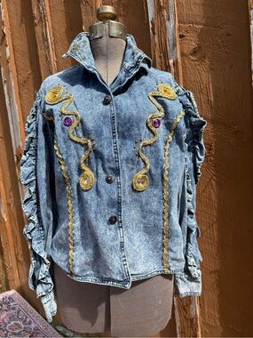 Embellished Acid Wash Denim Jacket with Gold Trim